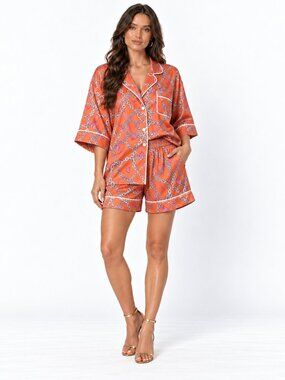 Orange Chain Print Shirt Shorts Set Tropical Resort Vacation Co Ord NWT S M L
